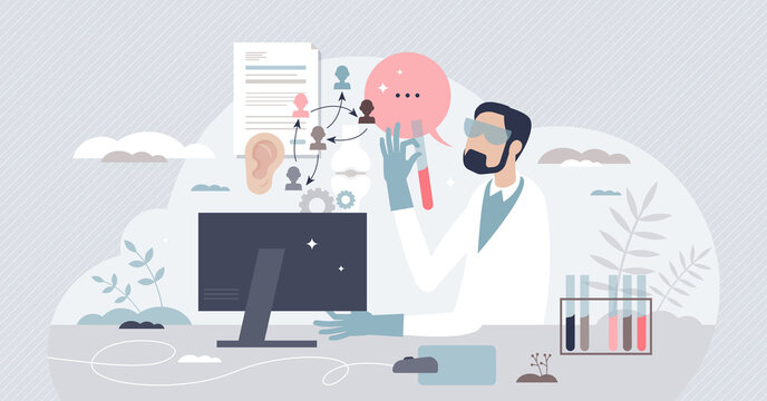 Biomedical engineering as biology and medicine science tiny person concept. Test samples research for genetic pharmacy development vector illustration. Microbiology gene testing for bio innovations.