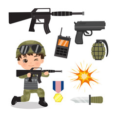 Cute soldier boy with army equipment clipart. Flat vector cartoon design
