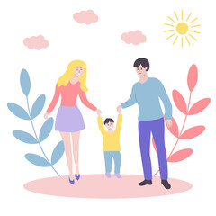 Happy young family on a walk. Mom, dad and son spending time together. Parents and kid are holding hands. Family day, leisure, sport time, active Walks, healthy lifestyle, outdoor activity, happiness 
