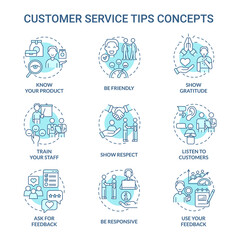 Customer service tips turquoise concept icons set. Marketing and commerce idea thin line color illustrations. Isolated outline drawings. Editable stroke. Roboto-Medium, Myriad Pro-Bold fonts used