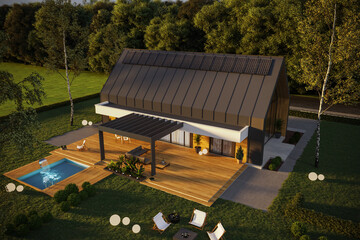 Aerial view on house with solar panels and pool