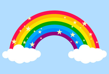 Rainbow, rainbow icon with clouds on a blue background. Cartoon, vector illustration.