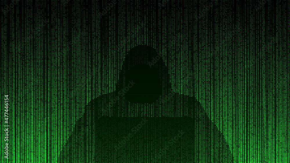 Poster Green background of dots. Hacker in the matrix. Dark silhouette in hood. Computer code. Hacking programm. Vector