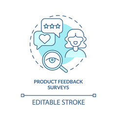 Product feedback survey turquoise concept icon. Customer touchpoint abstract idea thin line illustration. Isolated outline drawing. Editable stroke. Roboto-Medium, Myriad Pro-Bold fonts used