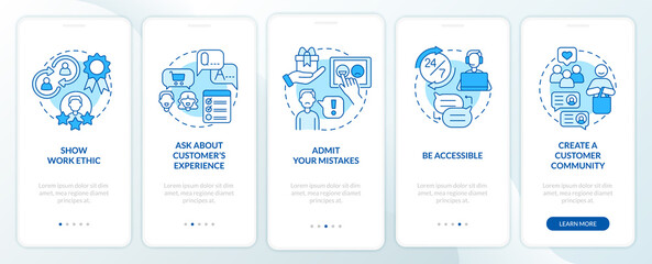 Customer service tips blue onboarding mobile app screen. Support ethic walkthrough 5 steps graphic instructions pages with linear concepts. UI, UX, GUI template. Myriad Pro-Bold, Regular fonts used