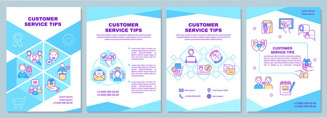 Customer service tips brochure template. Rules and principles. Booklet print design with linear icons. Vector layouts for presentation, annual reports, ads. Arial-Black, Myriad Pro-Regular fonts used