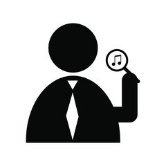 Man search music icon. Magnifying glass sign. Music note. Digital logo. Black shape. Vector illustration. Stock image. EPS 10.