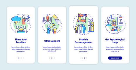 What to do in support group onboarding mobile app screen. Share troubles walkthrough 4 steps graphic instructions pages with linear concepts. UI, UX, GUI template. Myriad Pro-Bold, Regular fonts used