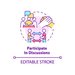 Participate in discussions concept icon. Attending support group abstract idea thin line illustration. Isolated outline drawing. Editable stroke. Roboto-Medium, Myriad Pro-Bold fonts used