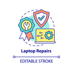Laptop repair concept icon. Portable and mobile device. Type of service abstract idea thin line illustration. Isolated outline drawing. Editable stroke. Roboto-Medium, Myriad Pro-Bold fonts used