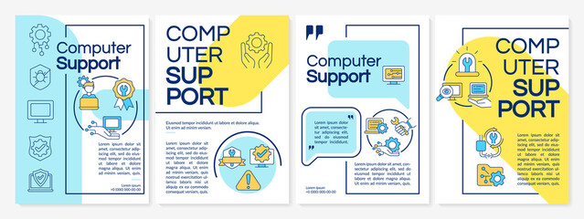 Computer support blue and yellow brochure template. Booklet print design with linear icons. Vector layouts for presentation, annual reports, ads. Questrial-Regular, Lato-Regular fonts used