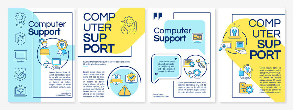 Computer support blue and yellow brochure template. Booklet print design with linear icons. Vector layouts for presentation, annual reports, ads. Questrial-Regular, Lato-Regular fonts used