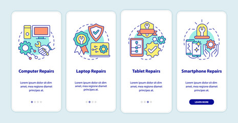Types of services onboarding mobile app screen. Breakdowns fixing walkthrough 4 steps graphic instructions pages with linear concepts. UI, UX, GUI template. Myriad Pro-Bold, Regular fonts used