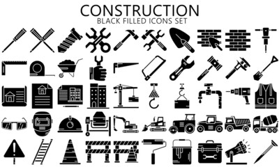 Simple Construction Related Vector black filled Icons set. include shovel, roller, paint and others. Used for modern concepts, web, UI, UX kit and applications. EPS 10 ready to convert to SVG