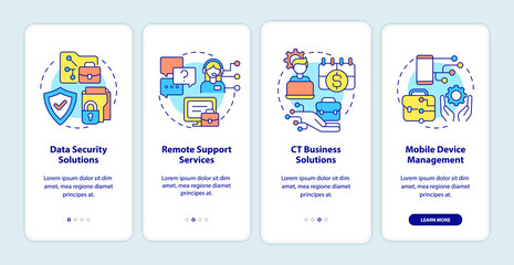 Computer services for business onboarding mobile app screen. Walkthrough 4 steps graphic instructions pages with linear concepts. UI, UX, GUI template. Myriad Pro-Bold, Regular fonts used
