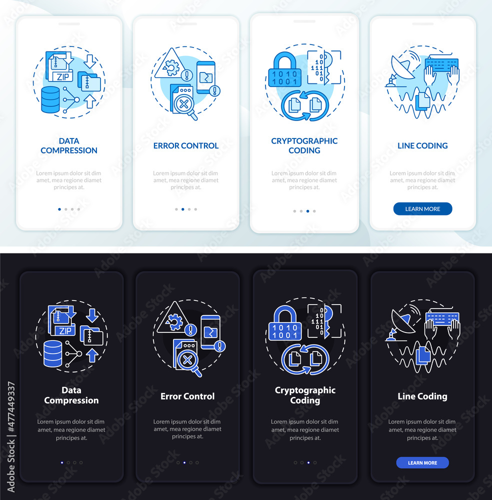 Wall mural types of coding night and day mode onboarding mobile app screen. develop walkthrough 5 steps graphic