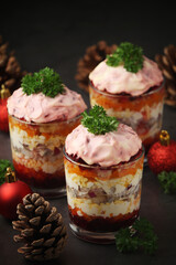 Dressed herring or herring under fur - traditional Russian salad	