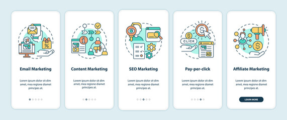 Marketing strategies onboarding mobile app screen. Business promotion walkthrough 5 steps graphic instructions pages with linear concepts. UI, UX, GUI template. Myriad Pro-Bold, Regular fonts used