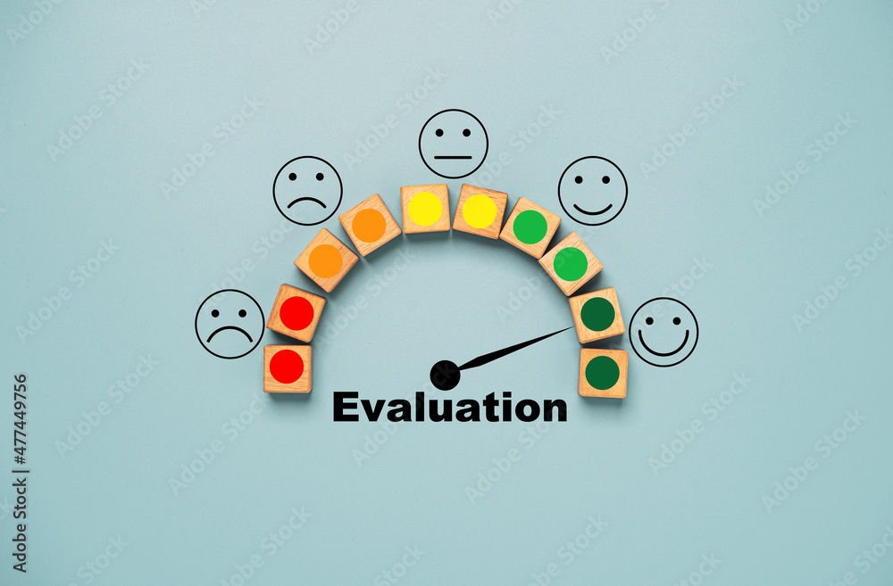 Fototapete Customer evaluation indicator rating print screen wooden cube block since low to high on blue background for client satisfaction after use product and service  concept.