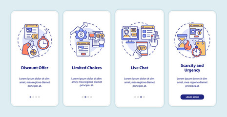 Landing page strategies onboarding mobile app screen. Internet ads walkthrough 4 steps graphic instructions pages with linear concepts. UI, UX, GUI template. Myriad Pro-Bold, Regular fonts used