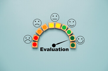 Customer evaluation indicator rating print screen wooden cube block since low to high on blue...