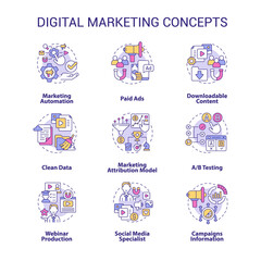 Fototapeta na wymiar Digital marketing and strategies concept icons set. Promoting business online idea thin line color illustrations. Isolated outline drawings. Roboto-Medium, Myriad Pro-Bold fonts used