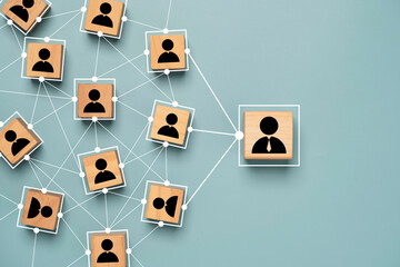 Manager and staff icon print screen on wooden cube block with connection link network for organisation structure in company  social network and teamwork concept. - obrazy, fototapety, plakaty
