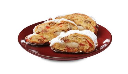 Traditional Christmas Stollen with icing sugar on white background