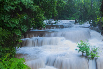 Fototapeta na wymiar Huai Mae Khamin Waterfall, Kanchanaburi Province It's a soft, blurry waterfall flowing beautifully.