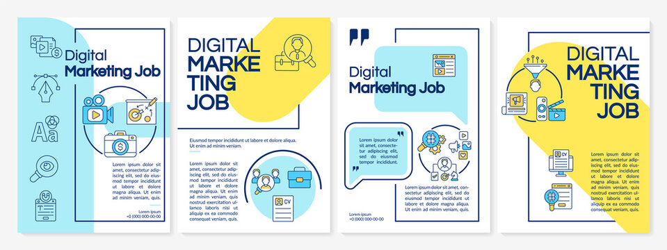 Digital marketing jobs blue and yellow brochure template. Booklet print design with linear icons. Vector layouts for presentation, annual reports, ads. Questrial-Regular, Lato-Regular fonts used