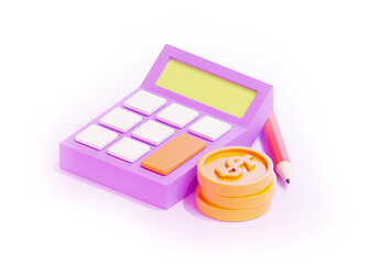 calculator and three coin 3d render