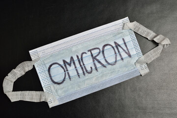 New Coronavirus Covid-19 mutation Omicron concept, Face Mask on Dark Background