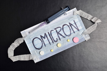 New Coronavirus Mutation Omicron with syringe and Medicine
