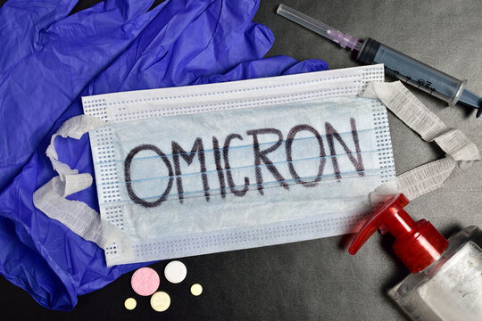 Omicron Protection Concept, Face Mask With Gloves And Sanitizer 