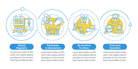 Effective support group visits blue circle infographic template. Data visualization with 4 steps. Process timeline info chart. Workflow layout with line icons. Myriad Pro-Bold, Regular fonts used