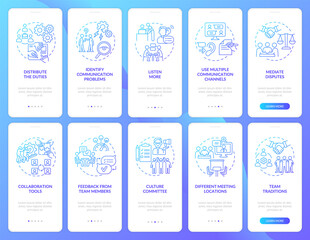 Teamwork blue gradient onboarding mobile app screen set. Productive team walkthrough 5 steps graphic instructions pages with linear concepts. UI, UX, GUI template. Myriad Pro-Bold, Regular fonts used