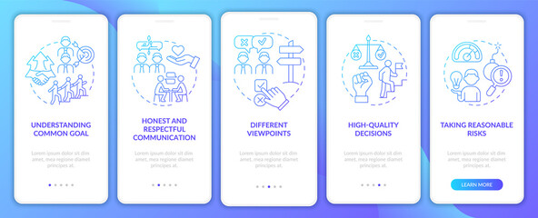 Teamwork tips blue gradient onboarding mobile app screen. Company work walkthrough 5 steps graphic instructions pages with linear concepts. UI, UX, GUI template. Myriad Pro-Bold, Regular fonts used