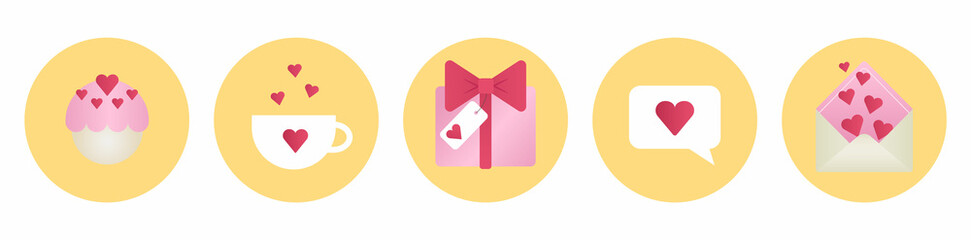 Romantic dating diner in cafe icon set. Cute colorful bright flat style vector icon set of muffin cupcake, coffee cup with flying hearts, present gift box, lovely message, romantic envelope letter.