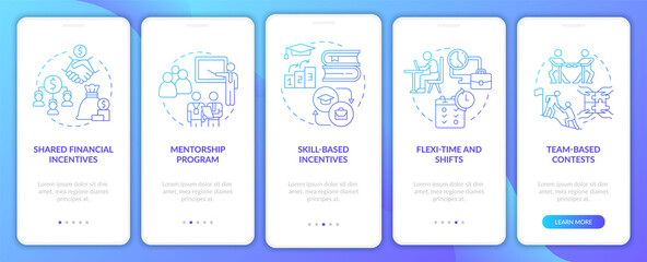 Incentivising teamwork blue gradient onboarding mobile app screen. Growth walkthrough 5 steps graphic instructions pages with linear concepts. UI, UX, GUI template. Myriad Pro-Bold, Regular fonts used