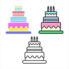 Vector illustration of a three-tiered birthday cake with candles