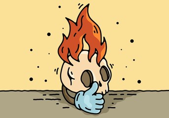 skull head with flame and thumb up illustration