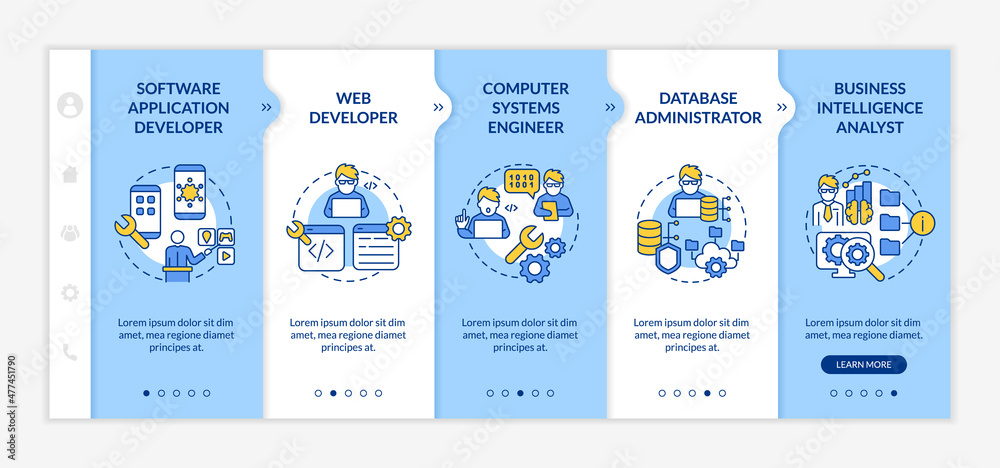 Wall mural jobs coders can get blue and white onboarding template. developer. responsive mobile website with li