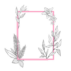 Delicate vector flowers in a retro style of gray color around a pink rectangular frame, perfect for a wedding invitation, Valentine's Day cards, banner for a declaration of love