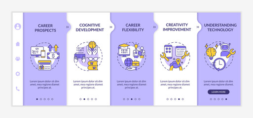 Why to learn to code purple and white onboarding template. Professional coder. Responsive mobile website with linear concept icons. Web page walkthrough 5 step screens. Lato-Bold, Regular fonts used
