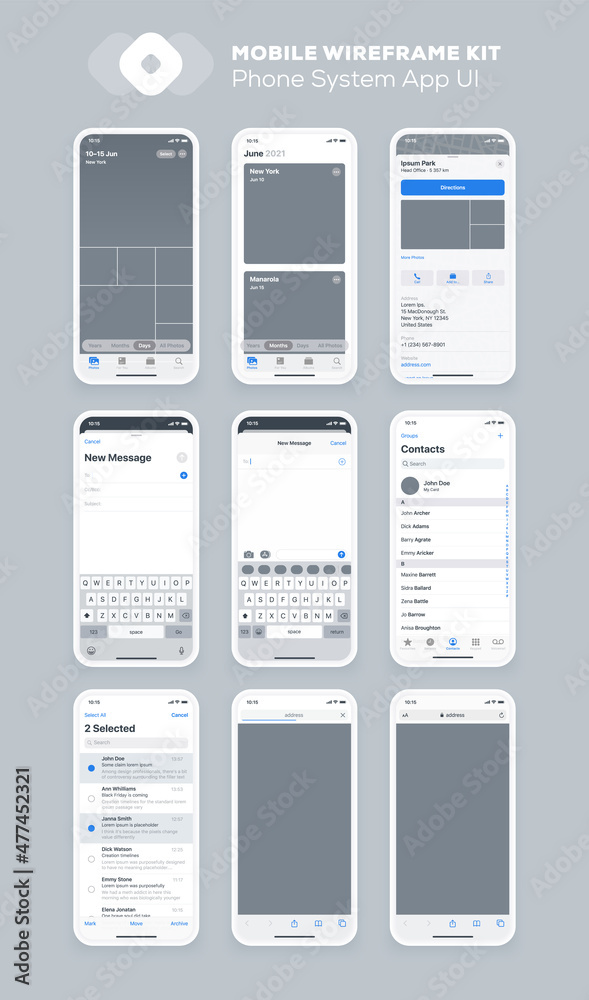 Sticker mobile app design. ui ux wireframe kit for smartphone. new os screens.