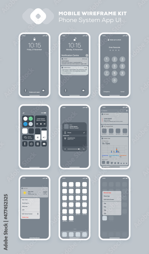 Sticker mobile app design. ui ux wireframe kit for smartphone. new os screens.