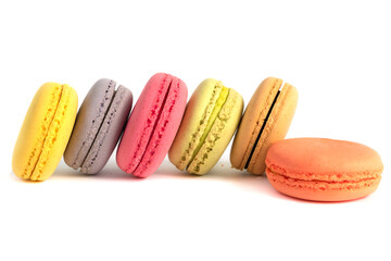 Sweet and colorful French macaroon or macaroni on a white plate