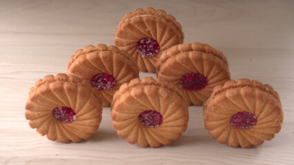 Top view of Sweet jam biscuits. Sandwich biscuits or Cream biscuits isolated.