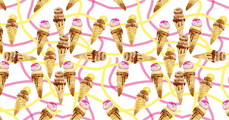 Fototapeta premium Ice cream background horizontal banner for social networks watercolor gentle illustration