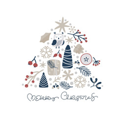 Christmas vector hand drawn fir tree form xmas doodle scandinavian elements gift, owl, snowflake. Merry Christmas text. Composition for winter holiday greeting card